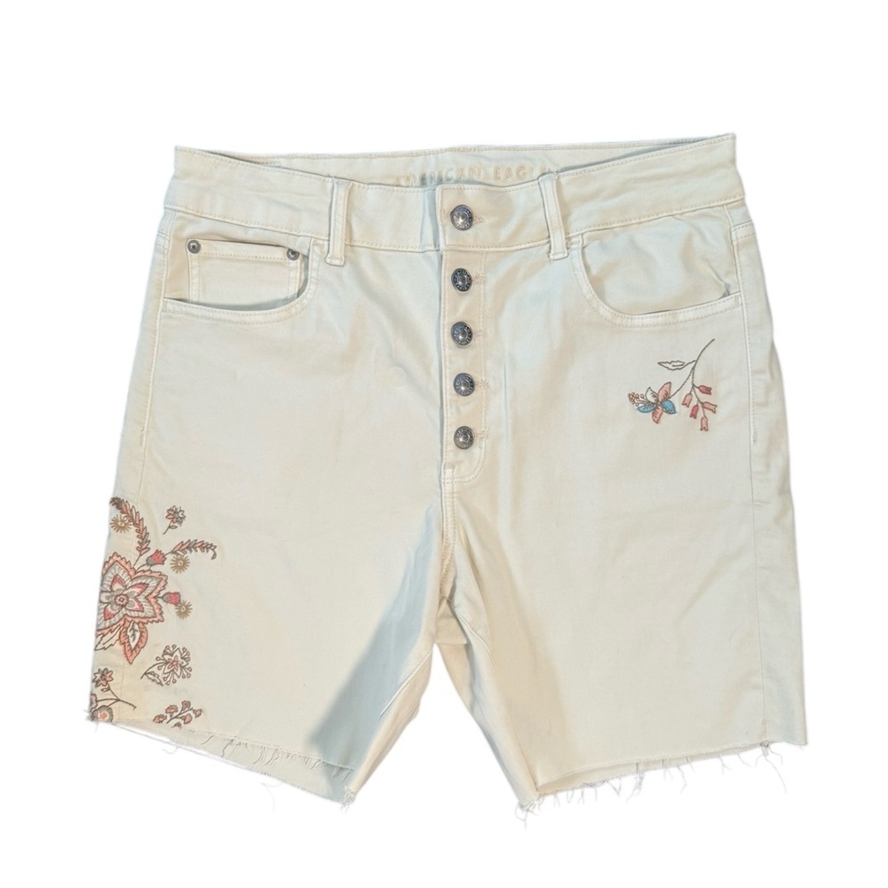 American Eagle floral‎ embroidered cream denim cut off shorts size 14 high rise
